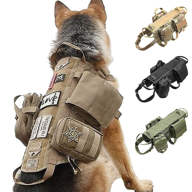 Hanshengday Tactical Dog Vest with Pouch- Training Dog Molle Vest with  Handle- K9 Military Dog Harness No Pull Service Dog Vest- Reflective Patches