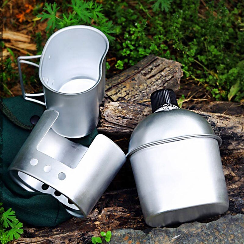 GOALONE 1L Military Canteen Kit Portable Aluminum Canteen Cup Wood Stove Set with Nylon Cover Bag for Camping Hiking Backpacking