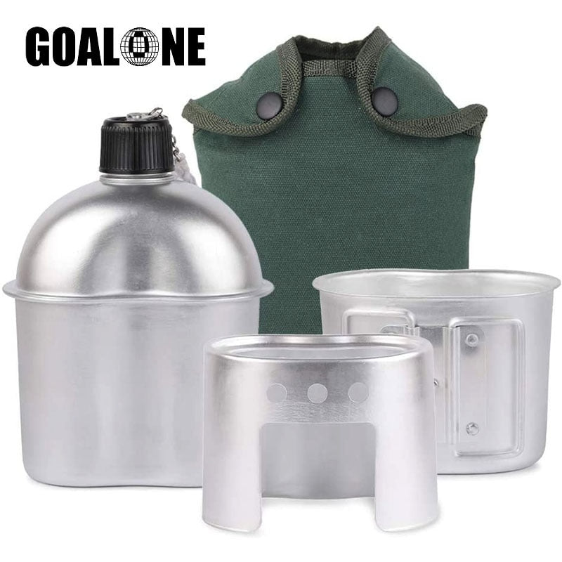 GOALONE 1L Military Canteen Kit Portable Aluminum Canteen Cup Wood Stove Set with Nylon Cover Bag for Camping Hiking Backpacking